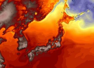 American (GFS) model simulation of temperatures in Japan on Thursday afternoon. Image: WeatherBell.com