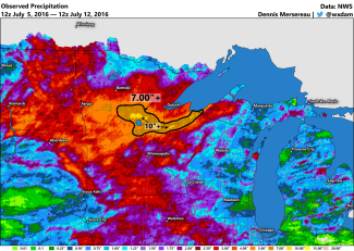 Total rainfall between July 5 and July 12, 2016. Much of the heavy rain in northern Minnesota and Wisconsin fell in the span of 24 hours. Image: Dennis Mersereau