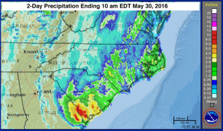 Two-day rainfall amounts from Bonnie for the period ending at 10 am EDT May 30, 2016. Image: National Weather Service