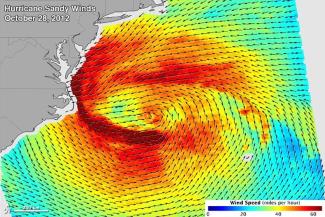 Hurricane Sandy’s wind field on October 28, 2012, when Sandy was a Category 1 hurricane with top winds of 75 mph. This surface wind data is from a radar scatterometer on the Indian Space Research Organization’s (ISRO) Oceansat-2 satellite. Credit: NASA