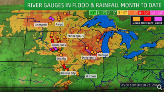 River gauges shown are in minor, moderate or major flooding. Contour on the map is rainfall for the month as of September 23.