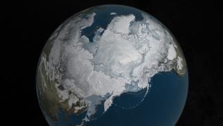 Arctic sea ice was at a record low wintertime maximum extent for the second straight year. At 5.607 million square miles, it is the lowest maximum extent in the satellite record, and 431,000 square miles below the 1981 to 2010 average maximum extent. Image: NASA Goddard's Scientific Visualization Studio, C. Starr