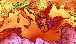 Scorching temperatures affected much of the eastern Mediterranean on Saturday, May 13, 2017. Shown here in degrees C are readings analyzed for 1200Z Saturday (3 PM local time in Athens, Greece). Image: tropicaltidbits
