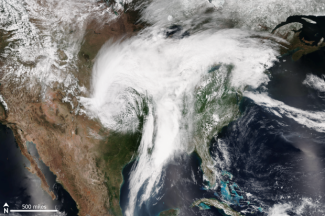 NOAA/NASA Suomi NPP satellite image take on April 30, 2017 using the VIIRS instrument. A sprawling storm system was moving east across the country bringing severe weather, tornadoes and hail to the eastern Plains and Missouri Valley and blizzard conditions to the western Great Plains. Photo: Climate.gov