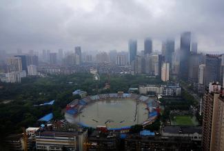 A stadium in Wuhan, China on July 6, 2016, after the city received 7.09” (180 mm) of rain in the twelve hours ending at 8 am July 6. Wuhan received over 560 mm (1.8 feet) of rain over the ten day period before the July 6 deluge, causing widespread damage and chaos. Photo: Wang He/Getty Images