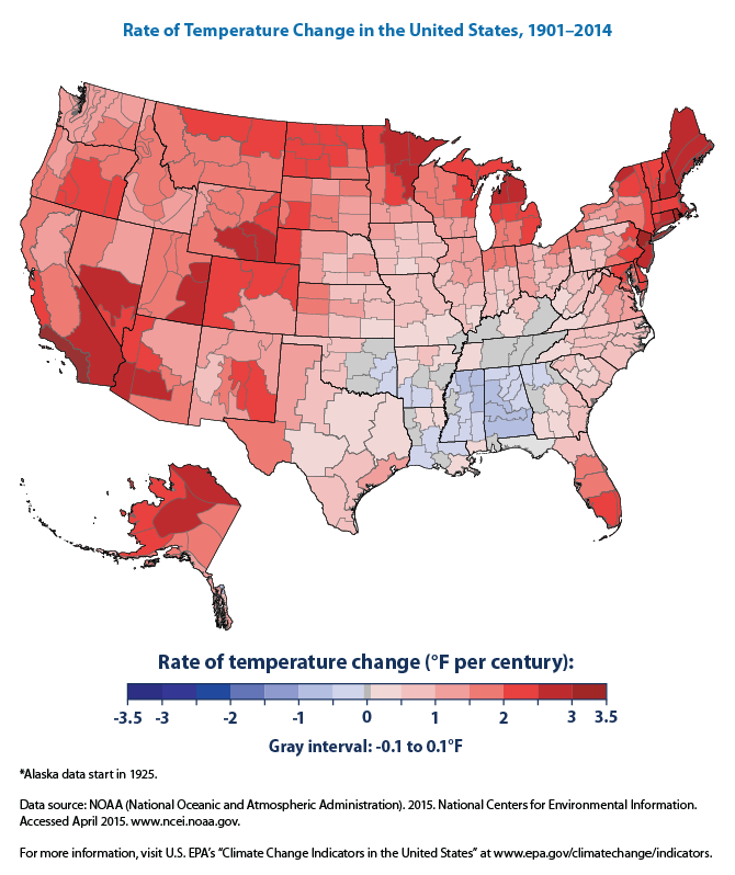 Map Rate of Temperature Change in the United States, 19012014 Climate Signals